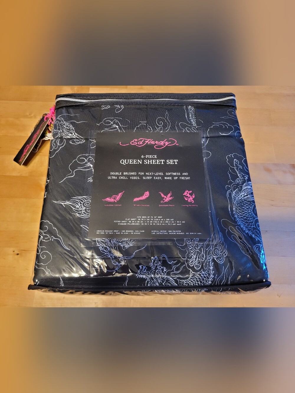 Ed Hardy Queen Sheet Set - Black with White Dragon Print